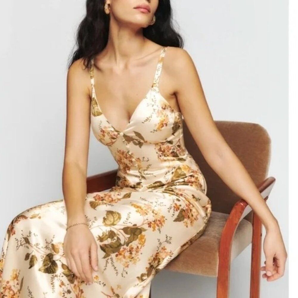 Reformation Esa Silk Dress Size 8 Bella Tan Floral‎ Maxi V Neck Gown - Picture 2 of 10